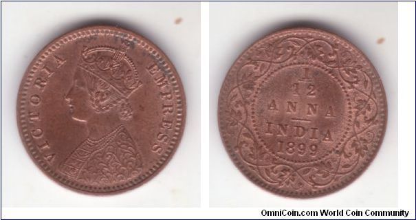 KM-483, 1899 British India 1/12 anna (pie) mostly red about uncirculated or higher grade.