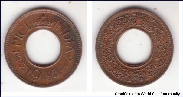 KM-533, 1945 British India pice; a bit stained bronse coin in good extra fine or higher condition; flat crown type.