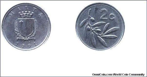 Malta, 2 cents, 1991, Cu-Ni, Diameter: 17.78mm, Weight: 2.26g, Reverse: Olive branch.                                                                                                                                                                                                                                                                                                                                                                                                                               