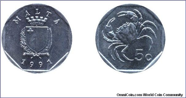 Malta, 5 cents, 1991, Cu-Ni, Diameter: 19.78mm, Weight: 3.51g, Reverse: Fresh Water Crab il-Qobru.                                                                                                                                                                                                                                                                                                                                                                                                                  