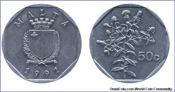Malta, 50 cents, 1991, Cu-Ni, 27mm, 8g, Reverse: Tulliera plant.                                                                                                                                                                                                                                                                                                                                                                                                                                                    