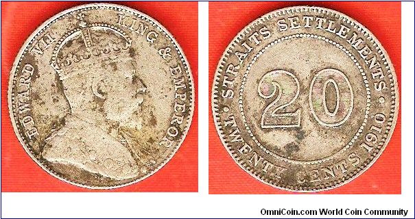 Straits Settlements
20 cents
Edward VII king and emperor
0.600 silver