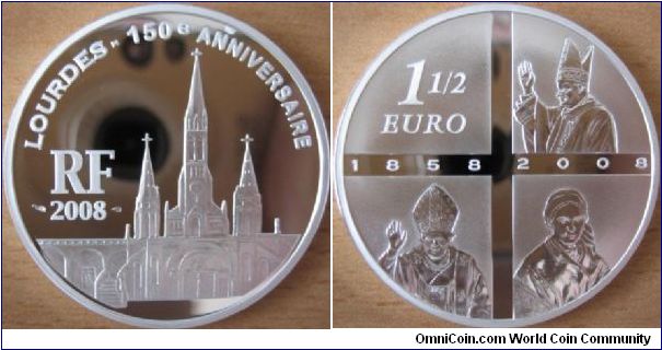 1.5 Euro - 150 years of Lourdes - 22.2 g Ag 900 Proof - mintage 15,000