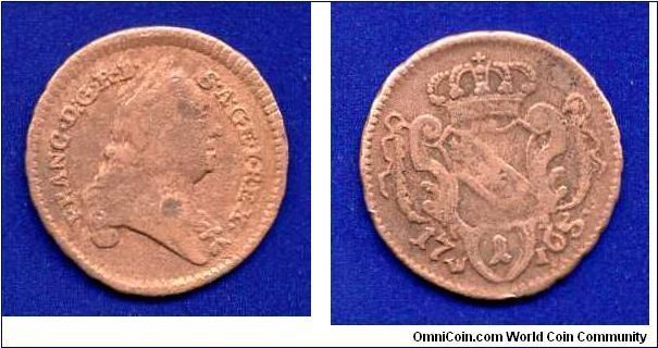 1 pfennig (1/4 kreuzer).
Lorraine arms.
Francisc I (1745-1765) emperor of Holy Roman empire.


Cu.