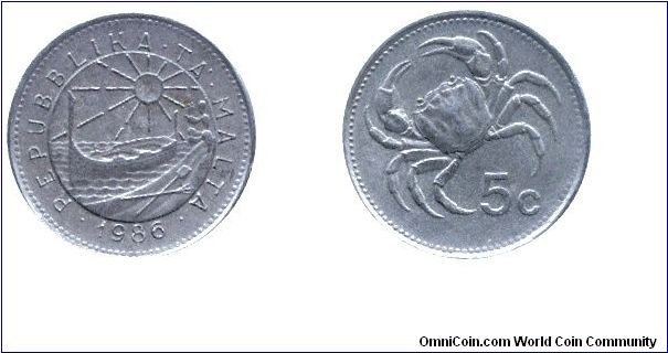 Malta, 5 cents, 1986, Cu-Ni, 19.78mm, 3.51g, Fresh Water Crab, il-Qobru.                                                                                                                                                                                                                                                                                                                                                                                                                                            