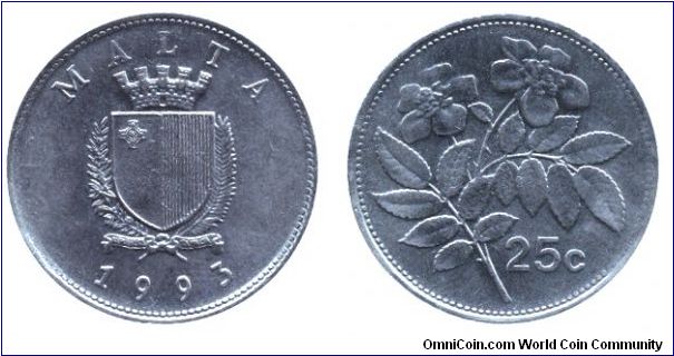 Malta, 25 cents, 1993, Cu-Ni, 24.95mm, 6.19g, Ghirlanda flower.                                                                                                                                                                                                                                                                                                                                                                                                                                                     