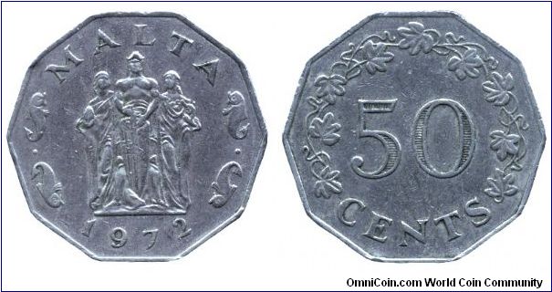Malta, 50 cents, 1972, Cu-Ni, Great Siege Monument.                                                                                                                                                                                                                                                                                                                                                                                                                                                                 