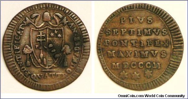 Italian States - Papal States, Pius VII (1800 - 1823), Quattrino, MDCCCII (1802) - IIR. Copper. Note: 5 Quattrini = 1 Baiocco. VF