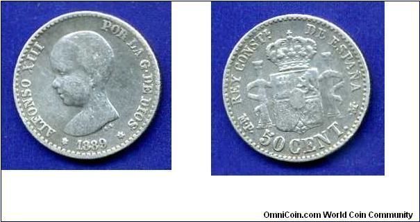 50 centimes.
King Alfonso XIII (1885-1931).
(M) Madrid mint.


Ag835f. 2,5gr.