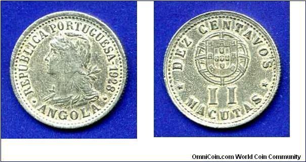 10 centavos/II macutas.
Republica Portuguesa.
*ANGOLA*.
Mintage 1,000,000 units.


Cu-Ni.