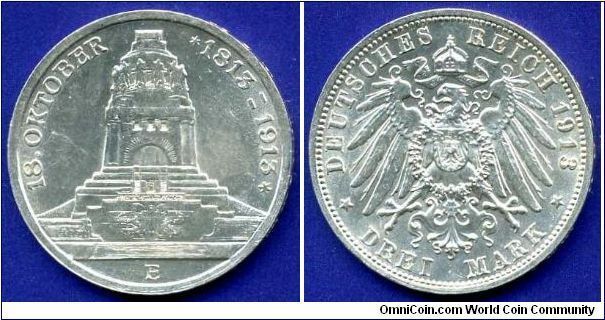 3 Mark.
Saxony.
100th anniversary of The Battle of Peoples, under Leipzig, 18 October, 1813.


Ag900f. 16,66gr.