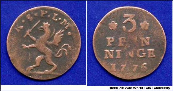 3 pfenninge.
Pomerania under Swedish rule.
The King of Sweden Gustav III (1771-1792).


Cu.