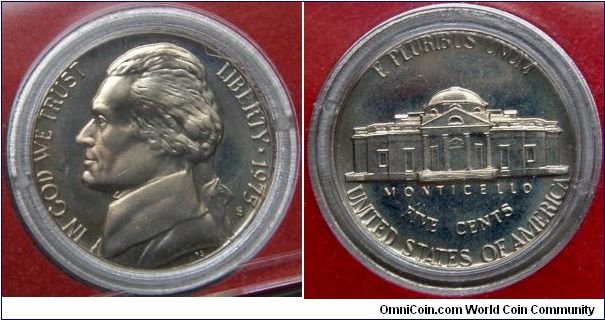 Jefferson Five Cents. 1975S-Mintmark: Small S (for San Francisco, California) below the date on the obverse
Proof Set. Metal content:
Copper - 75%
Nickel - 25%