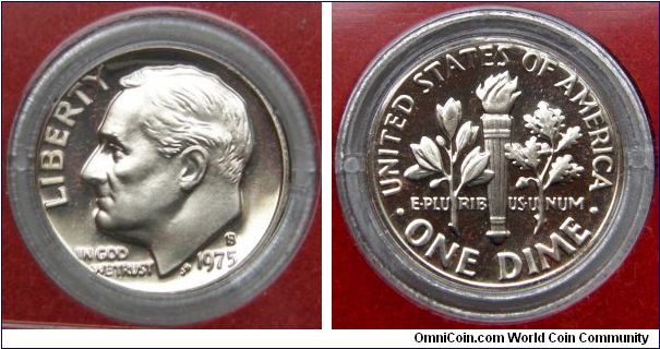 Roosevelt One Dime. 1975S-Mintmark: S (for San Francisco, CA) above the date.
Proof Set. Metal content:
Outer layers - 75% Copper, 25% Nickel
Center - 100% Copper