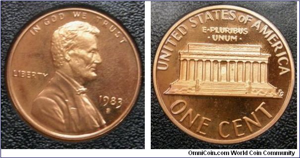 Lincoln One Cent. 1983S-Mintmark: S (for San Francisco, CA) below the date. Metal content:
Pure Copper plating over:
Zinc - 99.2%
Copper - 0.8%. Proof Set.