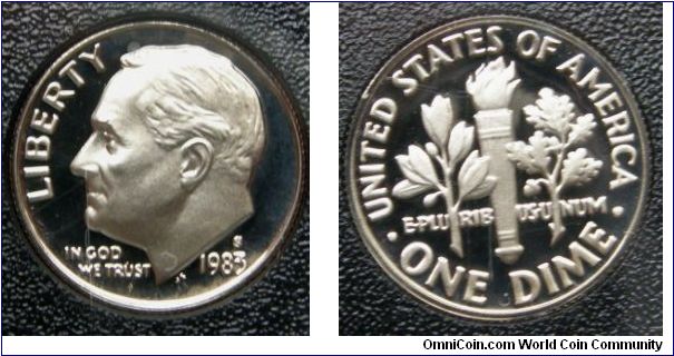 Roosevelt One Dime. 1983S-Mintmark: S (for San Francisco, CA) above the date. Metal content:
Outer layers - 75% Copper, 25% Nickel
Center - 100% Copper. Proof Set.
