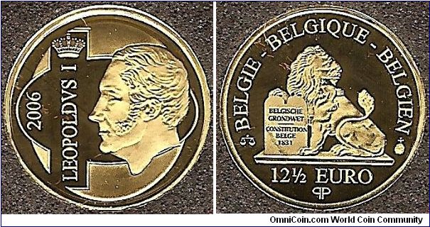 12 1/2 euro
Leopold I king of Belgium 1831-1865
country name in Dutch, French and German
0.999 gold
1.25 gram
mintage 15,000