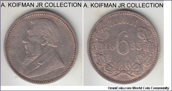 KM-4, 1895 Zuid-Afrikkansche Republiek (ZAR) South Africa 6 pence; silver, reeded edge; Boer Republic issue, scarcer year, very fine to good very fine, may have been cleaned before.