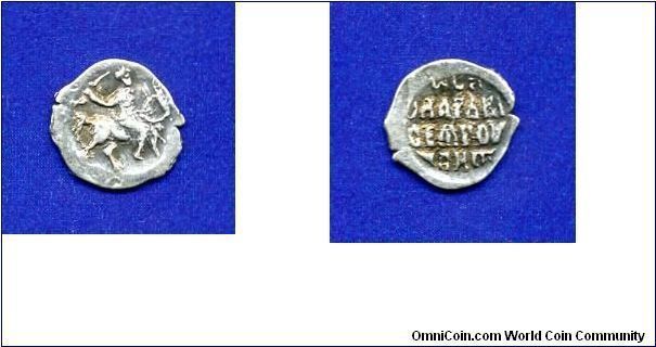 Denga. 
Grand Prince of Moscow Ioann IV (1535-1547).
Tver mint.


Ag~950f.