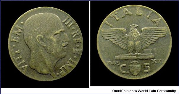 Kingdom of Italy - Victor Emmanuel III - 5 CENT. Empire - Bronzital mm. 19,5 gr.  2,95