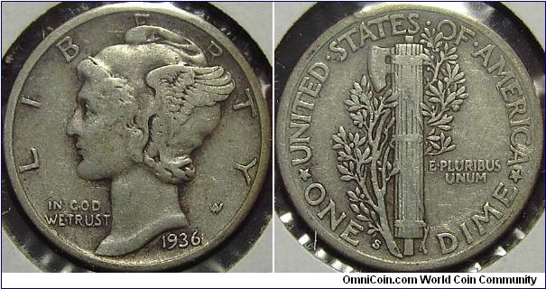 1936S  Mercury, One Dime