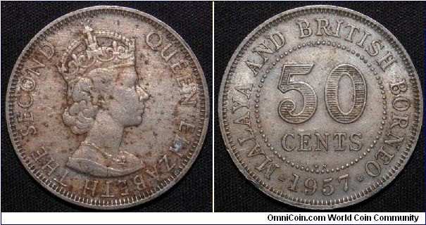 Queen Elizabeth II, British Colony, Malaya, 50 cents, 1957. Copper Nickel, 9.3800 g. Mintage: 2,000,000 units. VF