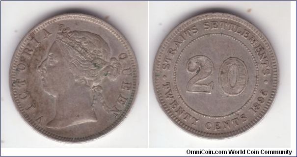 KM-12, 1896 Straits Settlements 20 cents; toned nice very fine or so, not rare by any means but better then the one I had.