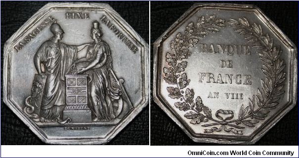 JETON	BANQUE DE FRANCE AN VIII (1800) by Dumarest 35mm silver.  The Bank of France was founded in 1800 & this is a 'jeton de presence'
given to directors etc when attending board meetings.  This example was struck between 1860-1880 (Bee edge-mark)
