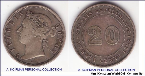 KM-12, 1882 Straits Settlements 20 cents, Heaton mint (H mintmark); silver, reeded edge; good fine grade and smaller mintage