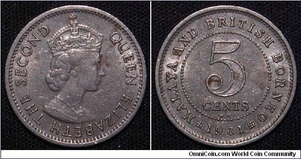 Queen Elizabeth II. 5 cents 1961. Copper-Nickel. Mintage: 90,000,000. VF.
