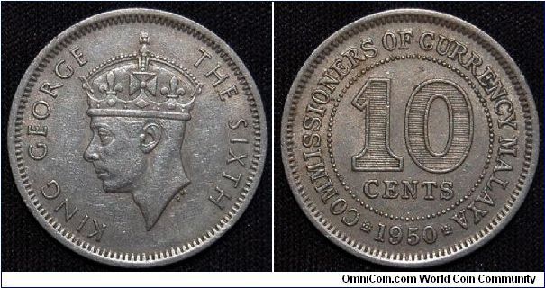 George VI. 10 cents 1950. Copper Nickel. Mintage: 65,000,000. XF.