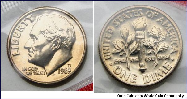 Roosevelt One Dime, Metal content:
Outer layers - 75% Copper, 25% Nickel
Center - 100% Copper. 1989D-Mintmark: D (for Denver, CO) above the date.
UNITED STATES UNCIRCULATED COIN(MINT) SET.