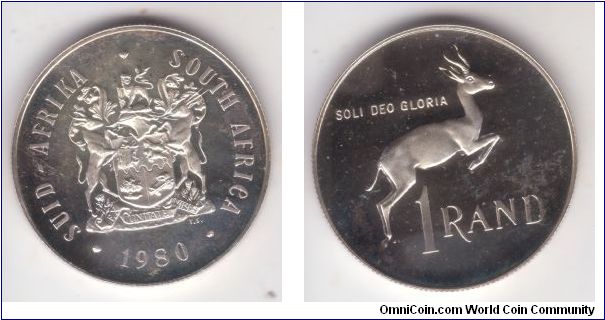 KM-88, 1980 South Africa silver proof rand; springbok on reverse, reeded edge, a bit of hase on cameo appearance.