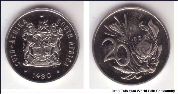 KM-86, 1980 South Africa 20 cents plain edge nickel proof coin; reverse continues with the tradition of shwing protea as in short lived earlier republic 2 1/2 cents coinage.
