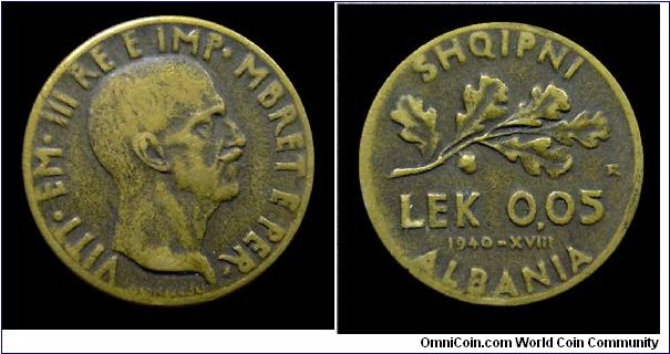 Kingdom of Italy (Albania) - Victor Emmanuel III - 0,05 Lek - Bronzital