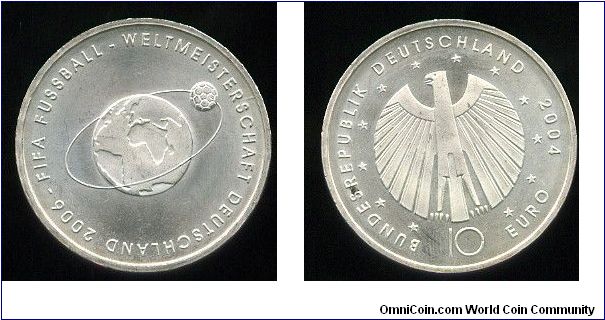 10 Euros
2006 Fifa World cup
Globe with football superimposed on it and the Brandenberg gate
German eagle, Value, Date