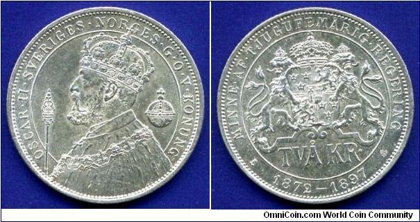 2 Kronor.
Silver Jubilee.
The King of Sweden & Norwey Oscar II (1872-1907).


Ag800f. 15,0gr.