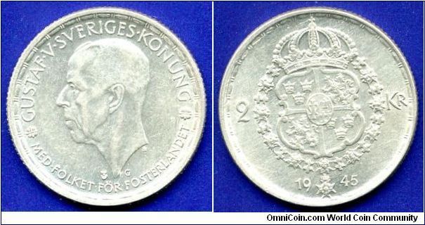 2 Kronor.
Gustav V (1907-1950).

Ag400f. 14gr.