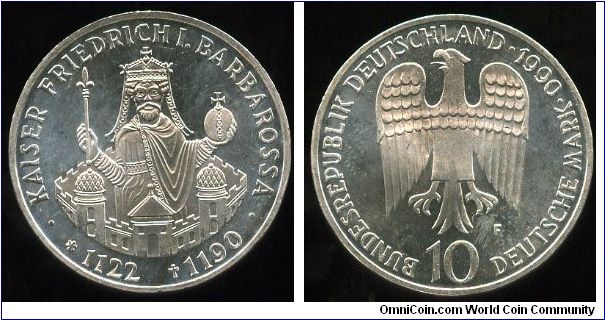 10 DM
Death of Kaiser Friedrich Barbarossa
Stylized portrait of the Empror
Eagle value & date
Stuttgart mint = F
