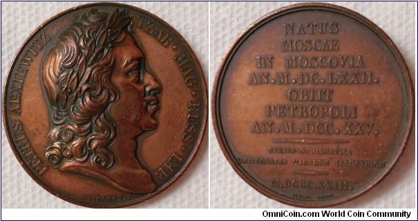AE Medal commemorating Peter the Great of Russia. Series Numismatica Universalis Virorum Illustrium (France) - one of a group of 22 bronze medals from the set produced by Durand between 1818 and 1846