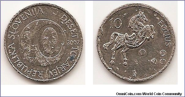 10 Tolarjev
KM#41
5.7500 g., Copper Nickel, 22 mm. Obv: Value within circle Rev: Stylized rearing horse Edge: Reeded