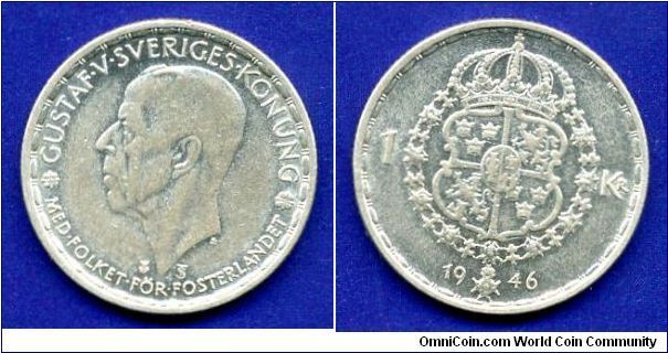 1 Krone.
Gustav V (1907-1950).


Ag400f. 7,0gr.