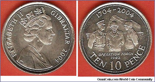 10 pence
Tercentenary of British rule
Operation Torch 1942
Elizabeth II
copper-nickel
