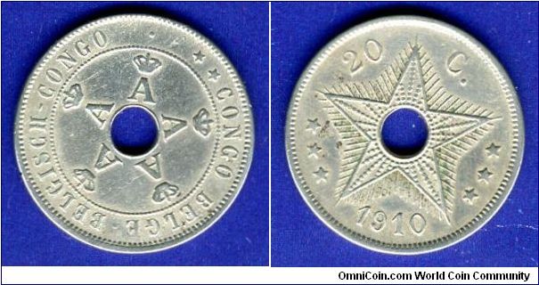 20 cents.
Belgian Congo.
Albert I (1909-1934).


Cu-Ni.