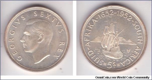 KM-41, 1952 South Africa 5 shillings crown, 300'th anniversary of the founding of the Cape Town, looks to be a special  (proof-like) rather then proof specimen, light cameo effect on King's effigy.