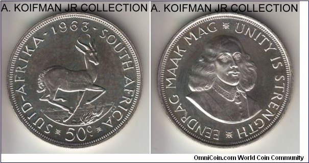 KM-62, 1963 South Africa (Republic) 50 cents; proof, silver, reeded edge; transitional coinage from the old pound to the decimal system that was cut short, mintage 4,025 in proof sets, brilliant proof.