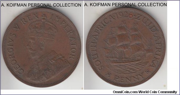 KM-14.2, 1926 South Africa penny; bronze, plain edge; early South African copper mintage, nice and rarely seen in a good grade; probably extra fine although reverse is a strong about uncirculated, obverse is weaker, a couple of tiny rim nicks.