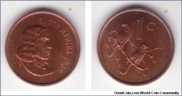 KM-65.1, 1965 South Africa (Republic) proof cent; multi-colored nice; bronze reeded edge; sharp top of the numeral in reverse denomination; this die variety shows the top branch not reacing the left side of the lower sparrow.