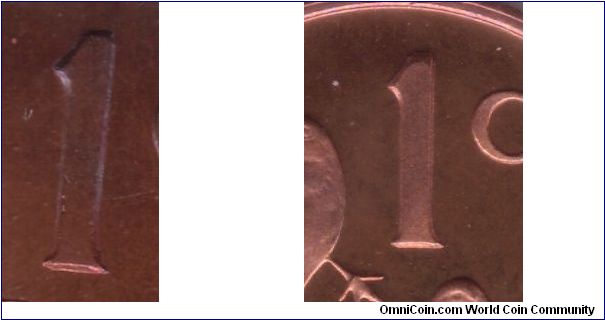 Two variations o fthe numeral on one cent South African coin. Left one is 1965 regular and right is 1969 recut