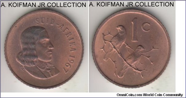KM-65.2, 1967 South Africa (Republic) cent; bronze, reeded edge; first Republican circulation type, Afrikaans legend SUID AFRIKA, hanging branch type (not reaching second sparrow), red brown uncirculated, from the mint set.